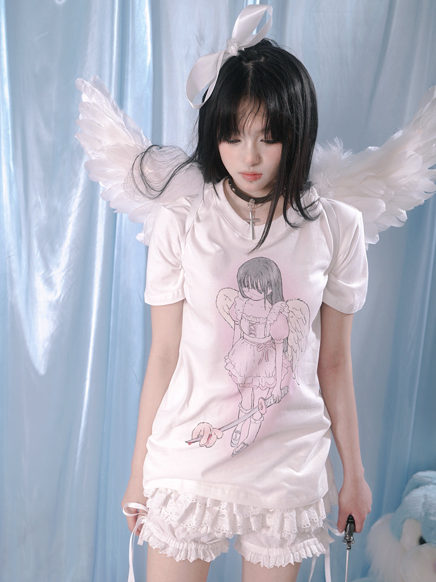 Girl Angel Print Loose T-shirt