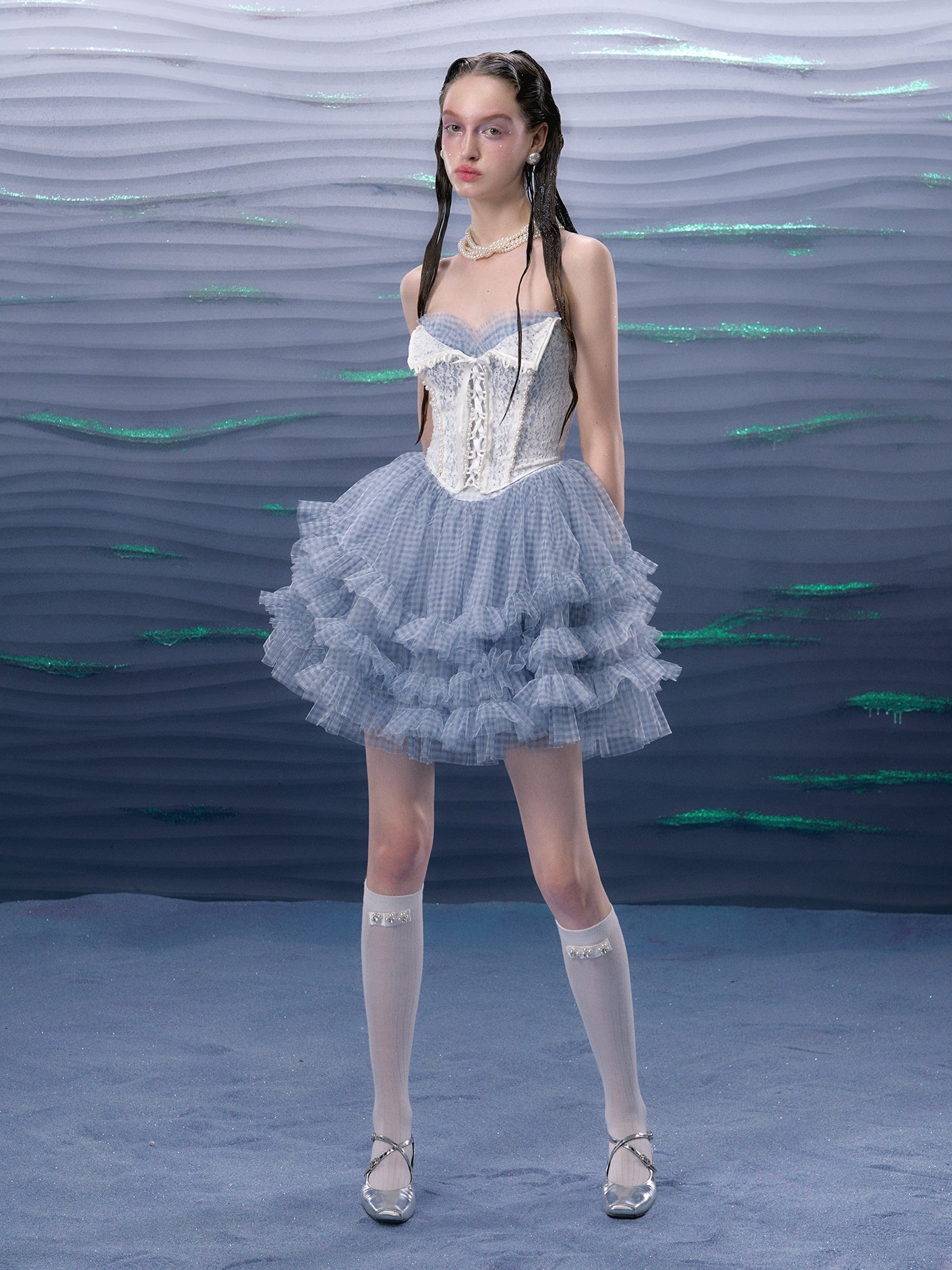 Plaid Mesh Tutu Suspender Dress &amp; Lace Pearl Corset