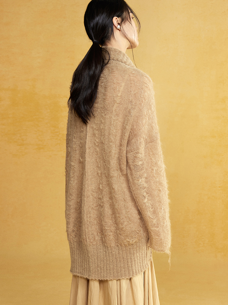 Mohair Curved Hem Loose Knitted Cardigan