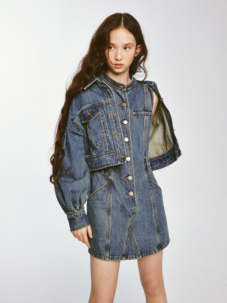 Volume Sleeve Denim Short Jacket