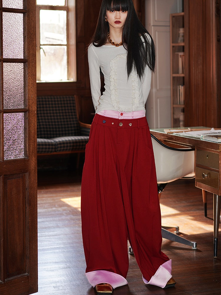 Contrast Color Loose Flap Wide Leg Pants