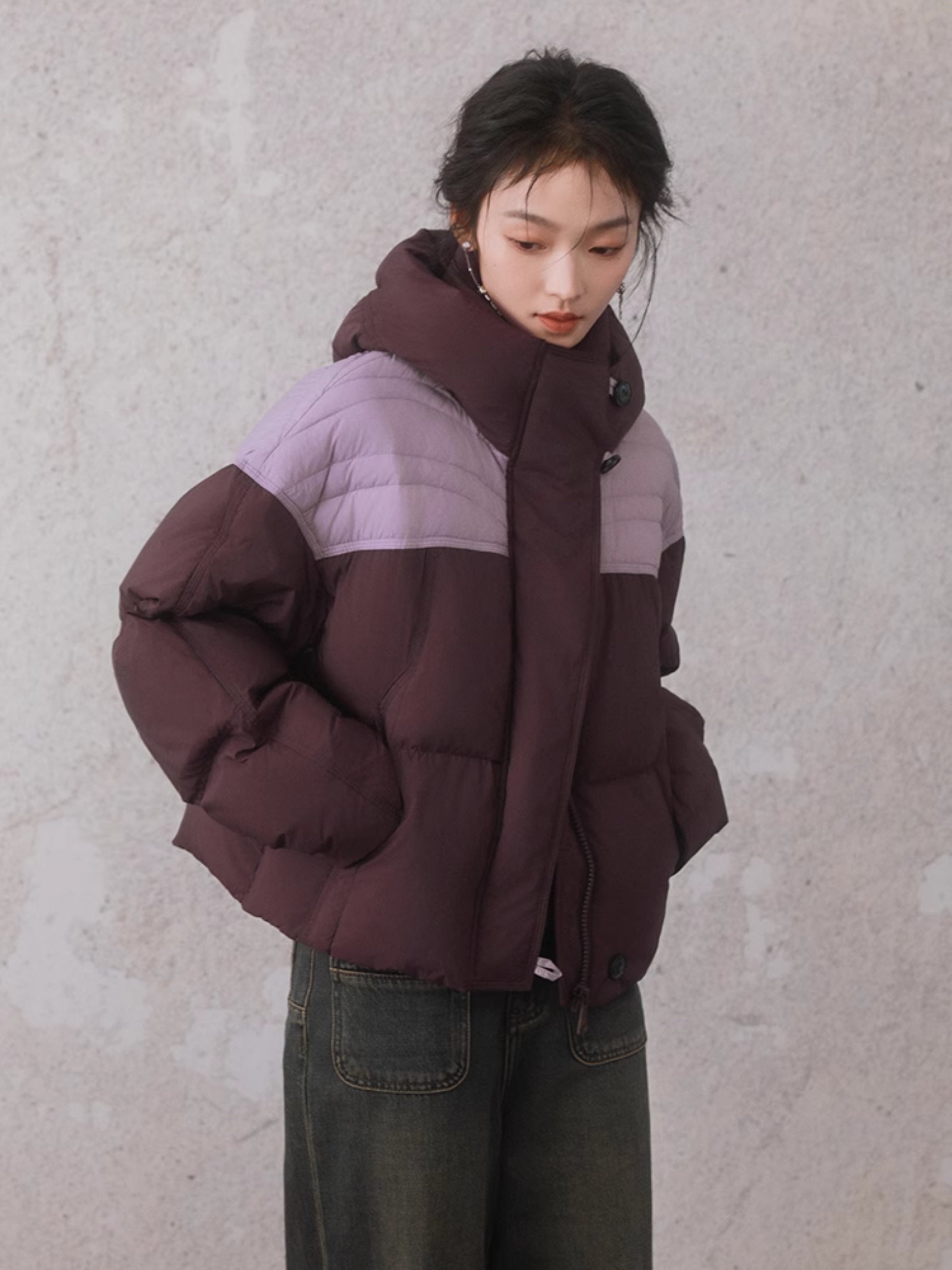 Color Blocking Hooded Loose Down Jacket F