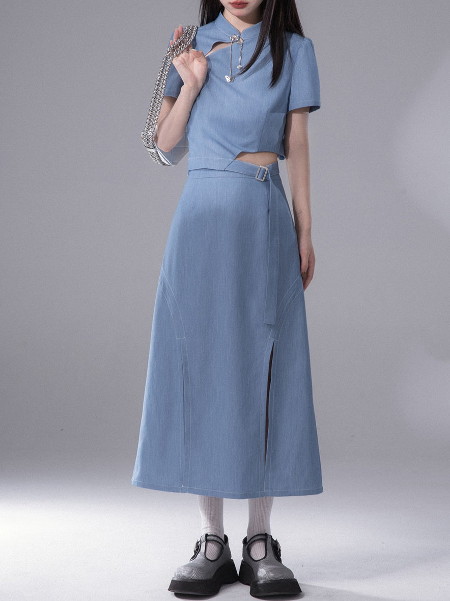 Cut-out Chinese Short Sleeve Top &amp; Slit Skirt Set-up