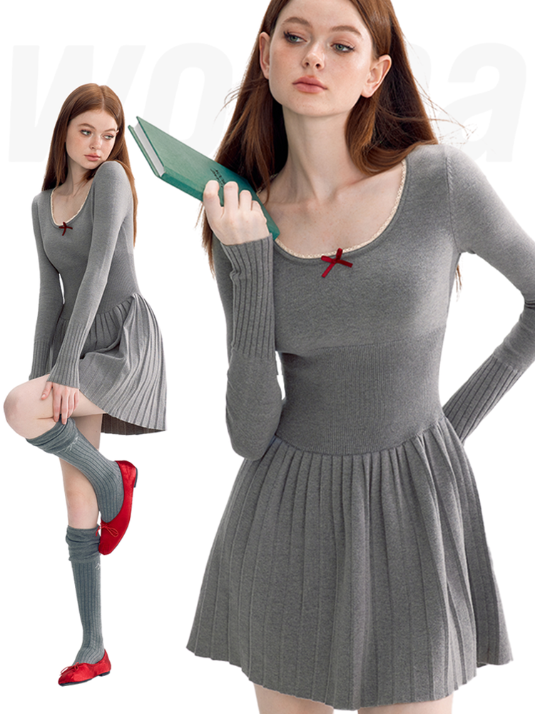 Knit Retro Ribbon Square-Neck Pleats Dress