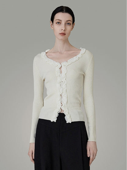 Lace Design Niche Low Round Neck Knitted Cardigan