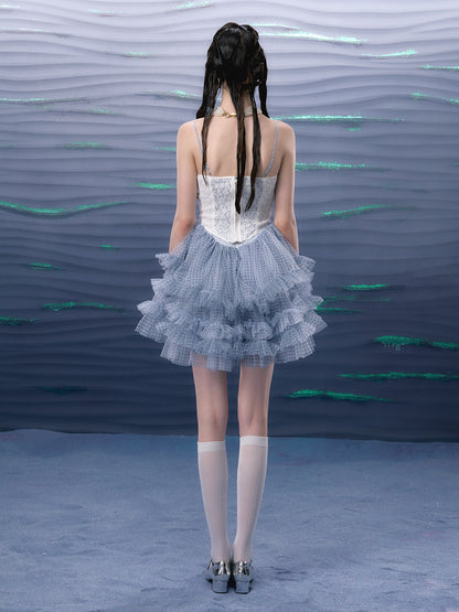 Plaid Mesh Tutu Suspender Dress &amp; Lace Pearl Corset