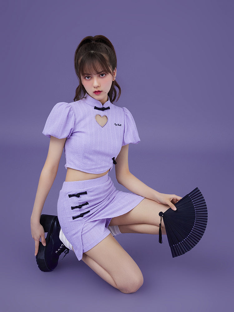 Chinese Style Retro Puff Sleeve Top ＆ Short Skirt