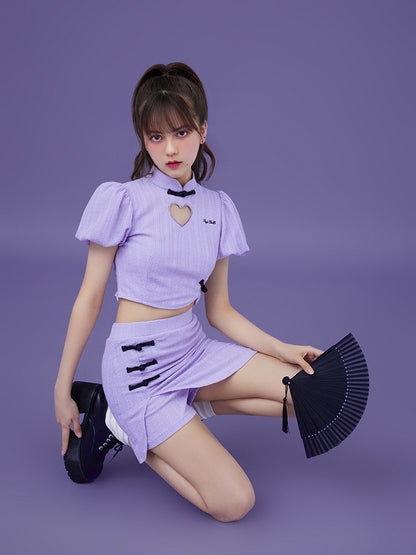 Chinese Style Retro Puff Sleeve Top &amp; Short Skirt