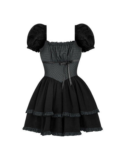 Grid Puff Sleeve Cake Dress