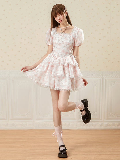 SQUARE COLLAR SIDE LACEUUP PUFF CAKE Dress