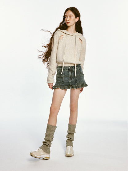 Sporty Cut-out Design Knitted Hoodie &amp; Short Pants