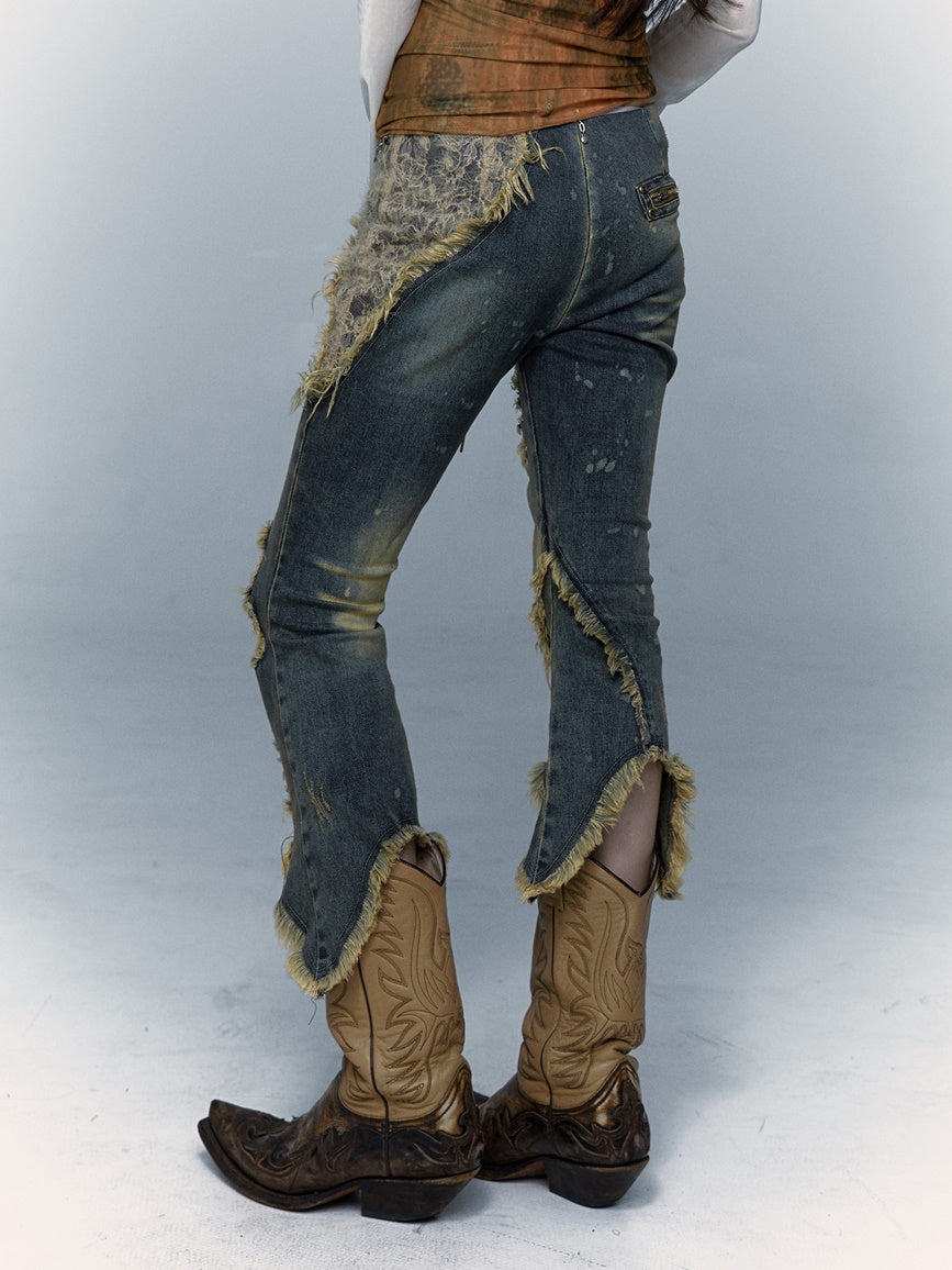 Patchwork Lace Ripped Washed Distressed Cropped Flared Denim Pants