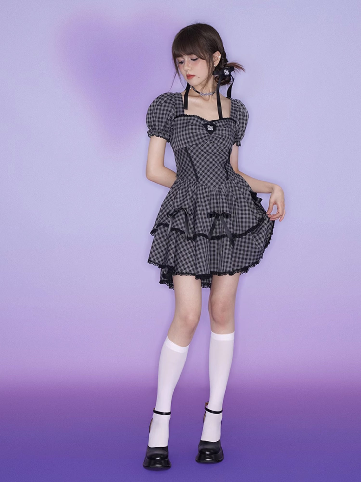 Back Hollow Check Ribbon One-piece