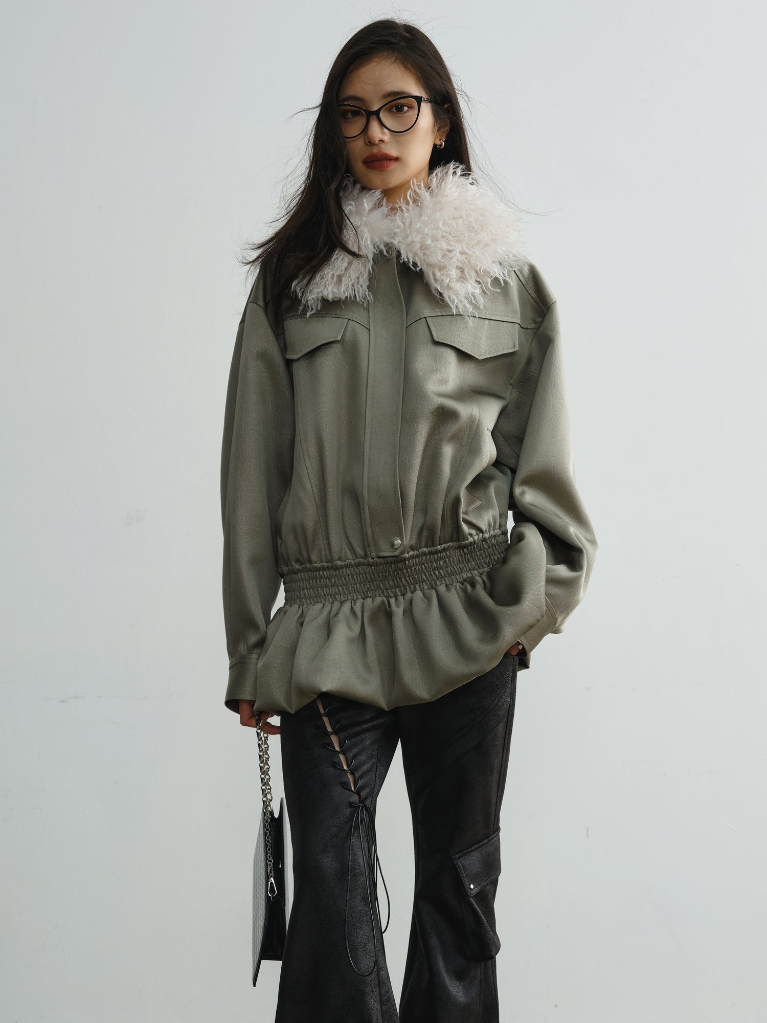 Ruffle Hem Gloss Quilted Fur Collar Jacket