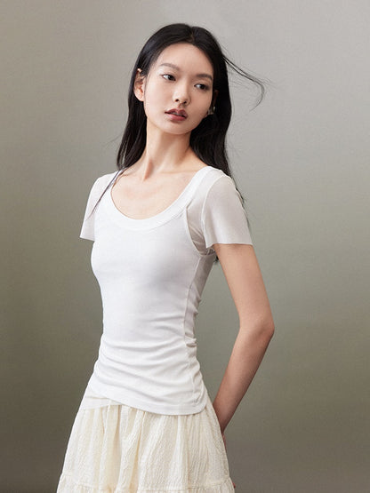 Asymmetric Double Layer Short-sleeved T-shirt