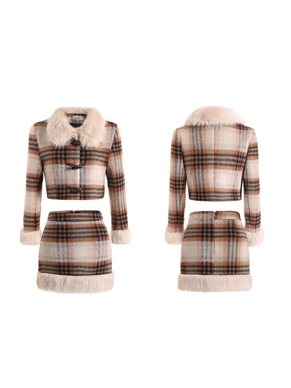 Retro Plaid Furar Kurzjacke &amp; Pelzkante Rock