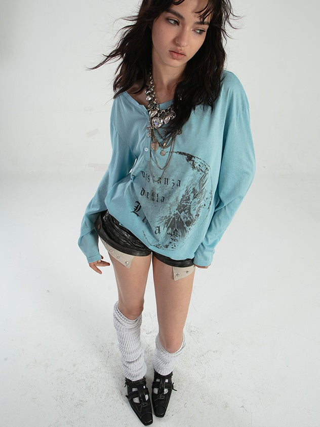 Loose Asymmetrical Neckline Printing T-shirt