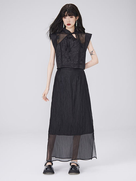 Chinese Style French Sleeve Hollow Top &amp; Sheer Skirt