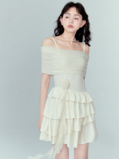 Strap Off-shoulder Ruffle Stitching Dress