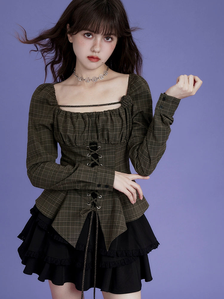 Plaid Lace-Up Irregular Hem Top