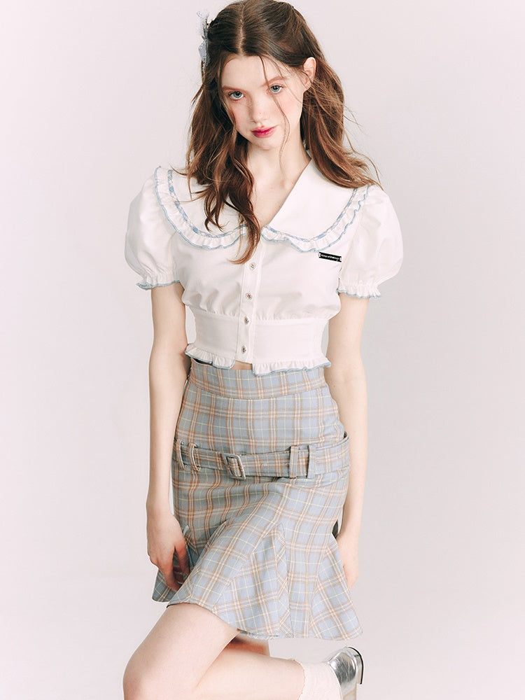 Grid Belt Ruffled High Waist Skirt