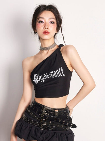 Asymmetric One-Shoulder Print Short Sling T-Shirt