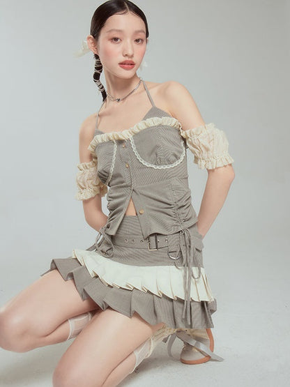 Halter Neck Suspender Top &amp; Short Pleated Cake Skirt