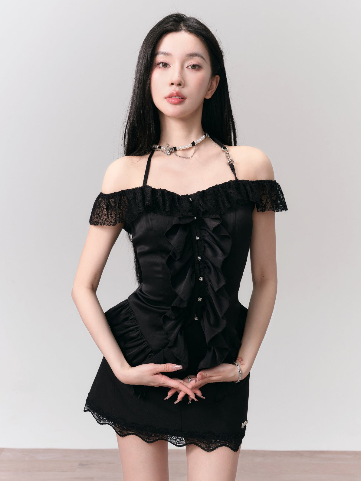 Ruffle Lace Halter Neck Off-Shoulder Shirt