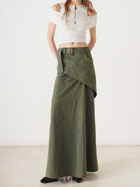 Denim Off-Shoulder Cropped Top &amp; Long Skirt With Belt