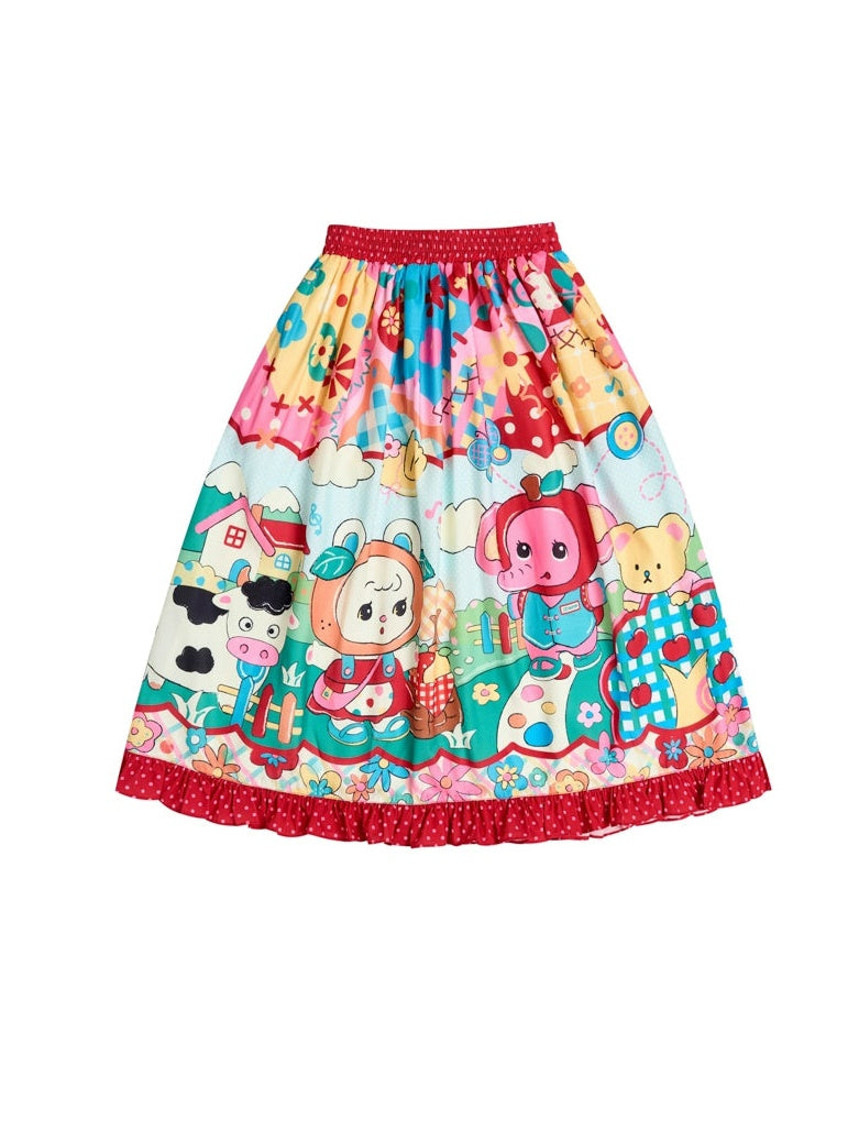 Cartoon Printed Splicing Lace Gather Skirt