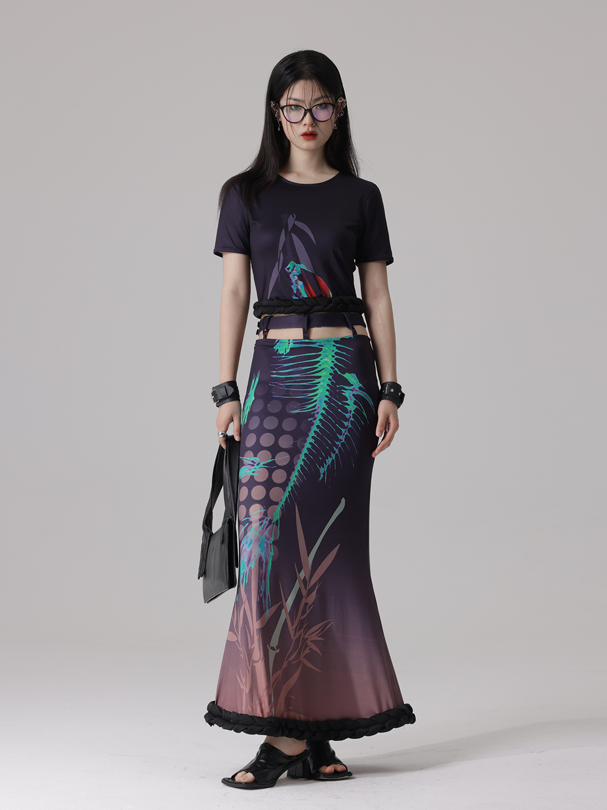 Fishbone Print Stitching Braid Profile Hem Top &amp; Fishtail Skirt