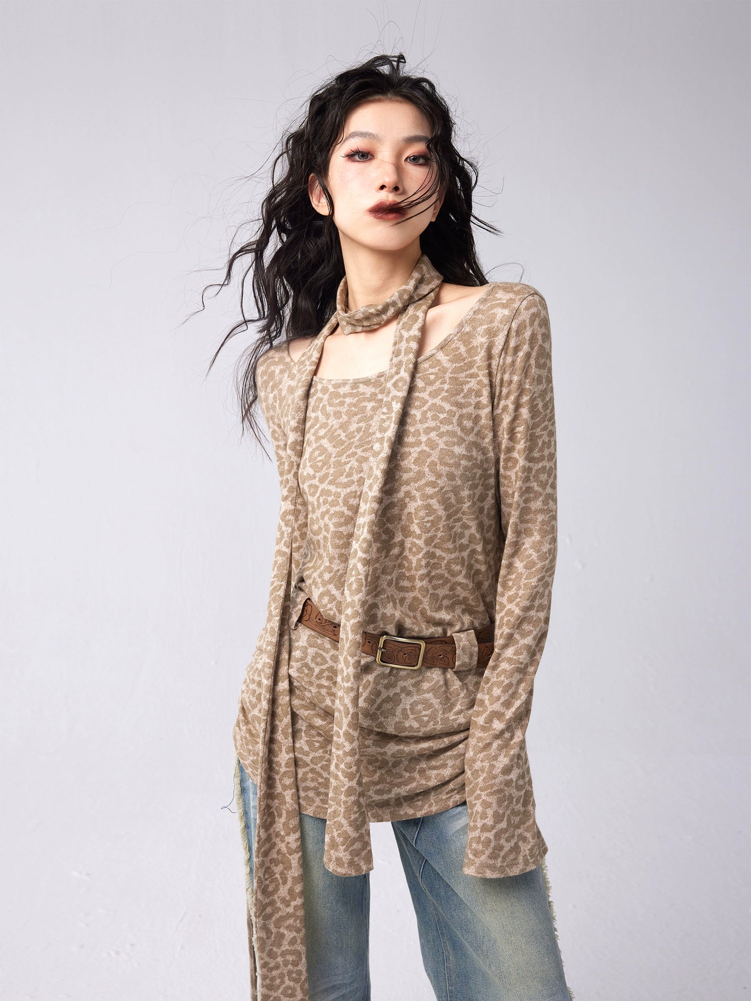 Leopardenmuster Schalstring loser Pullover