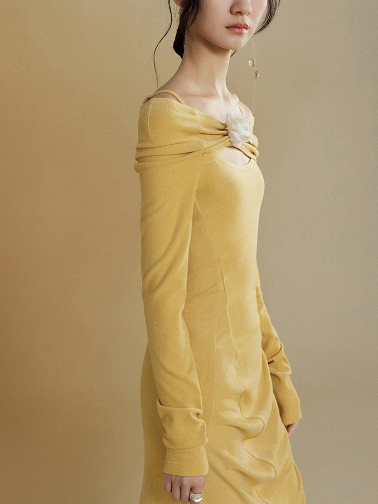 One-shoulder Long-sleeved Brushed Long Knit Dress