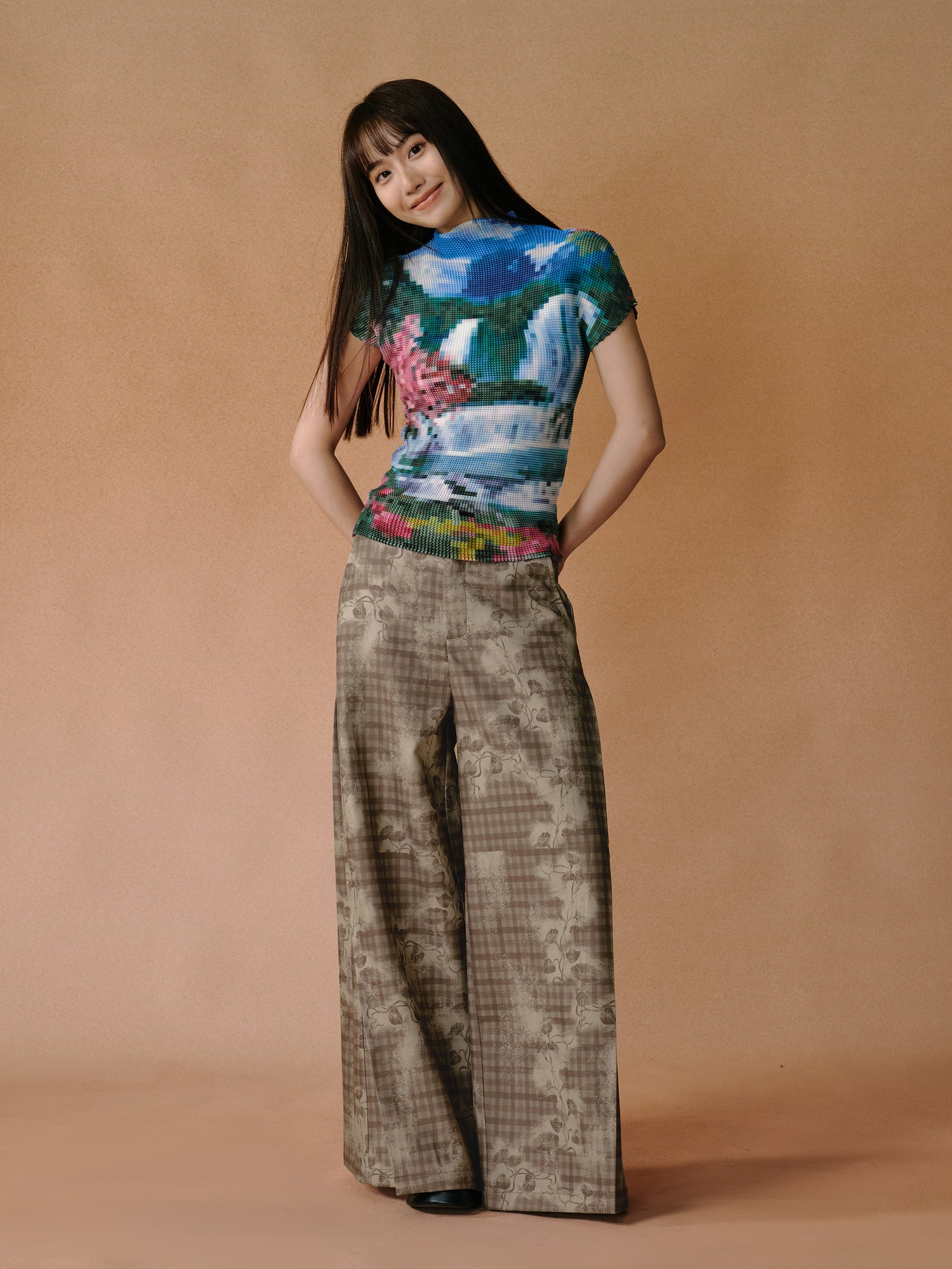 Retro Hand-painted Smudged Plaid Wide-leg Pants