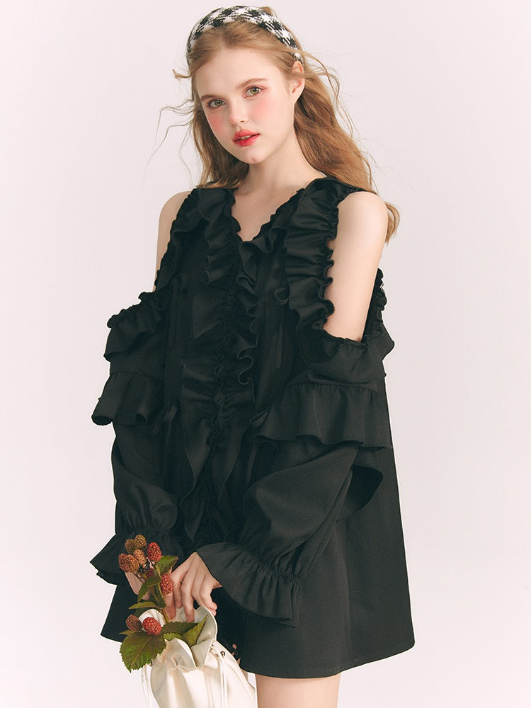 Cut-shoulder Ruffled V-neck Shirt Dress