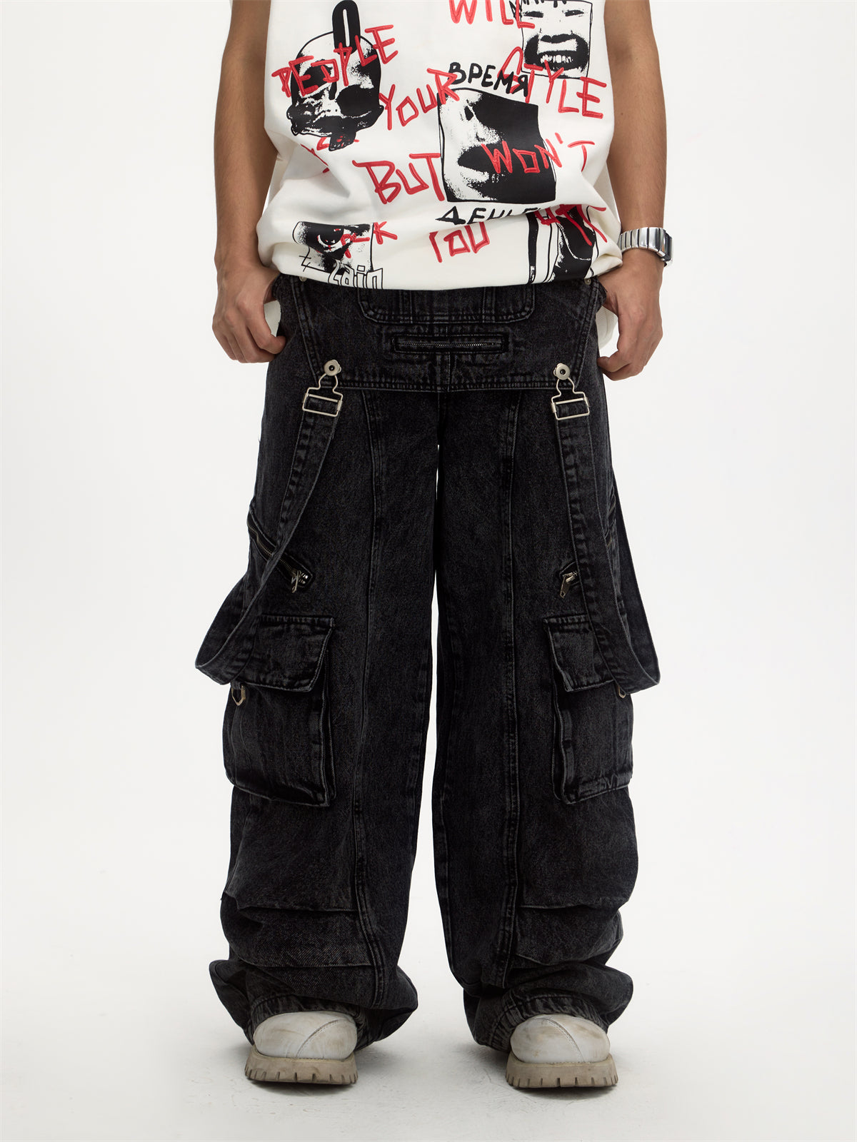 Retro Suspender Design Stitching Denim Pants