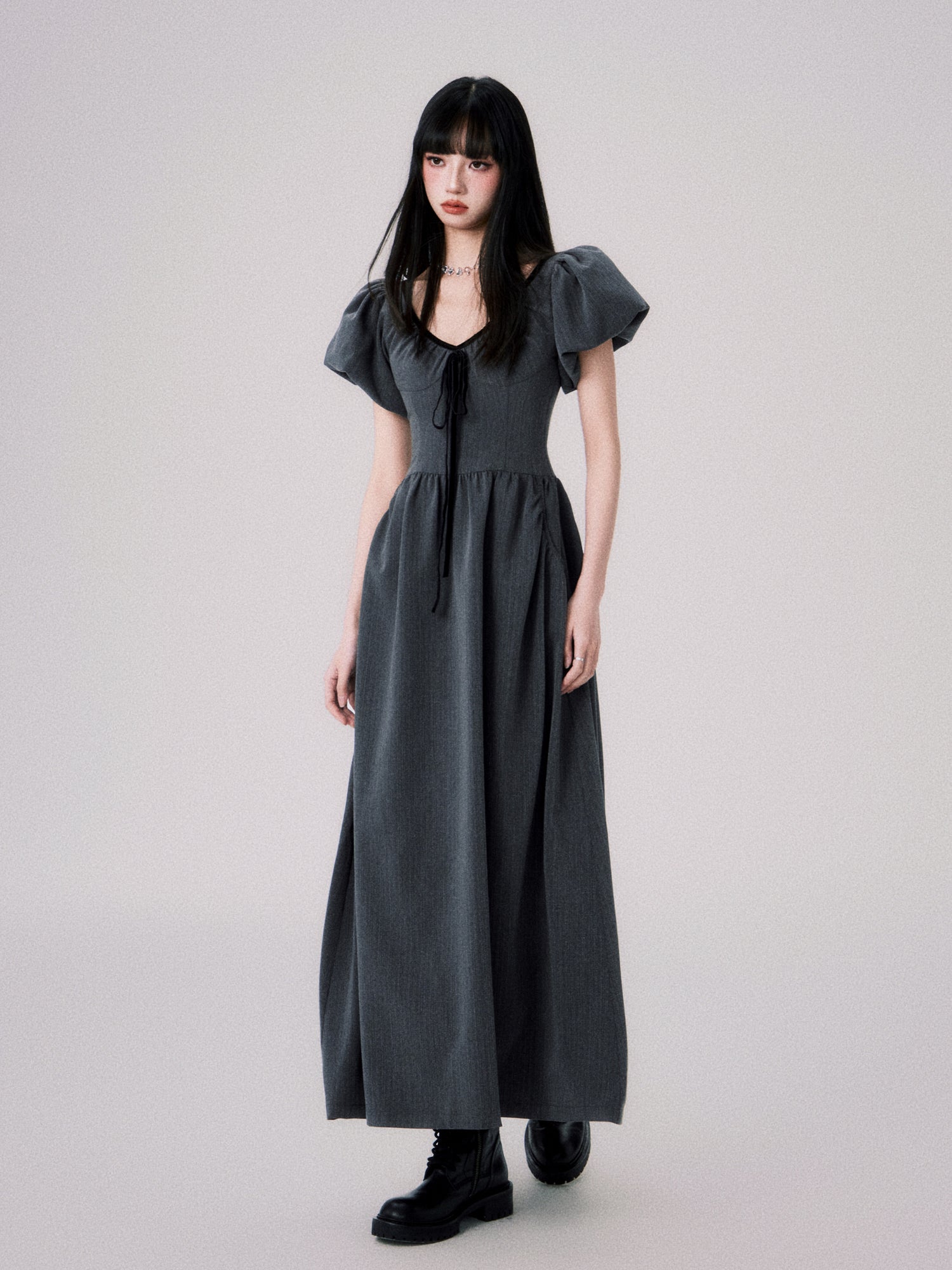 V-neck Puff Sleeve Waist Slimming Long Gather Dress