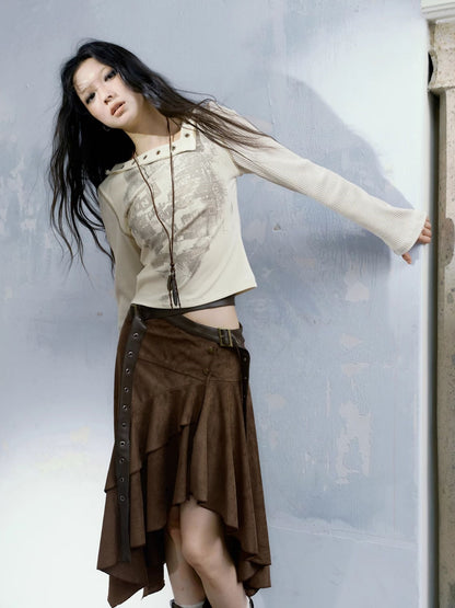 Irregular Belt Suede Texture Skirt