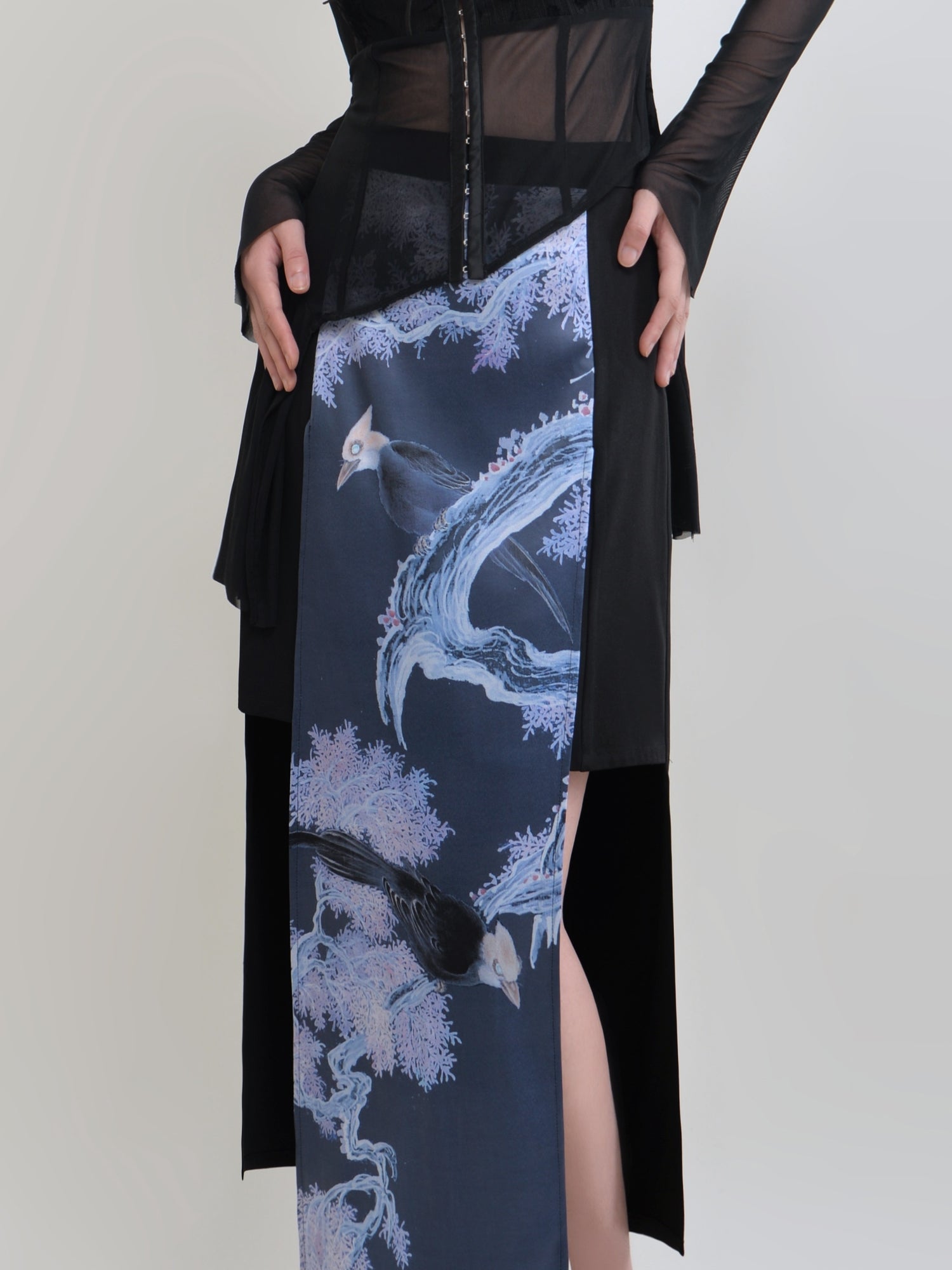 Chinese Style Printed Stitching High Waist Skirt