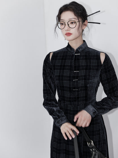 Chinese Style Houndstooth Velvet Stand Collar Dress