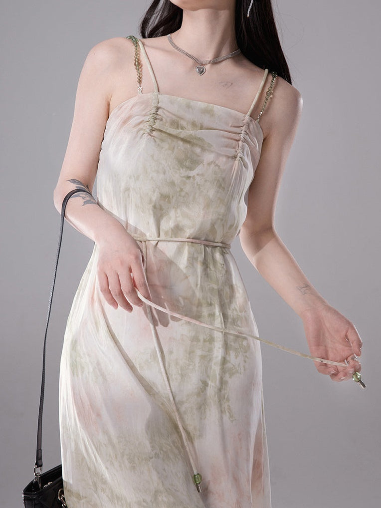 Lazy Smudged Drawstring Sling Dress