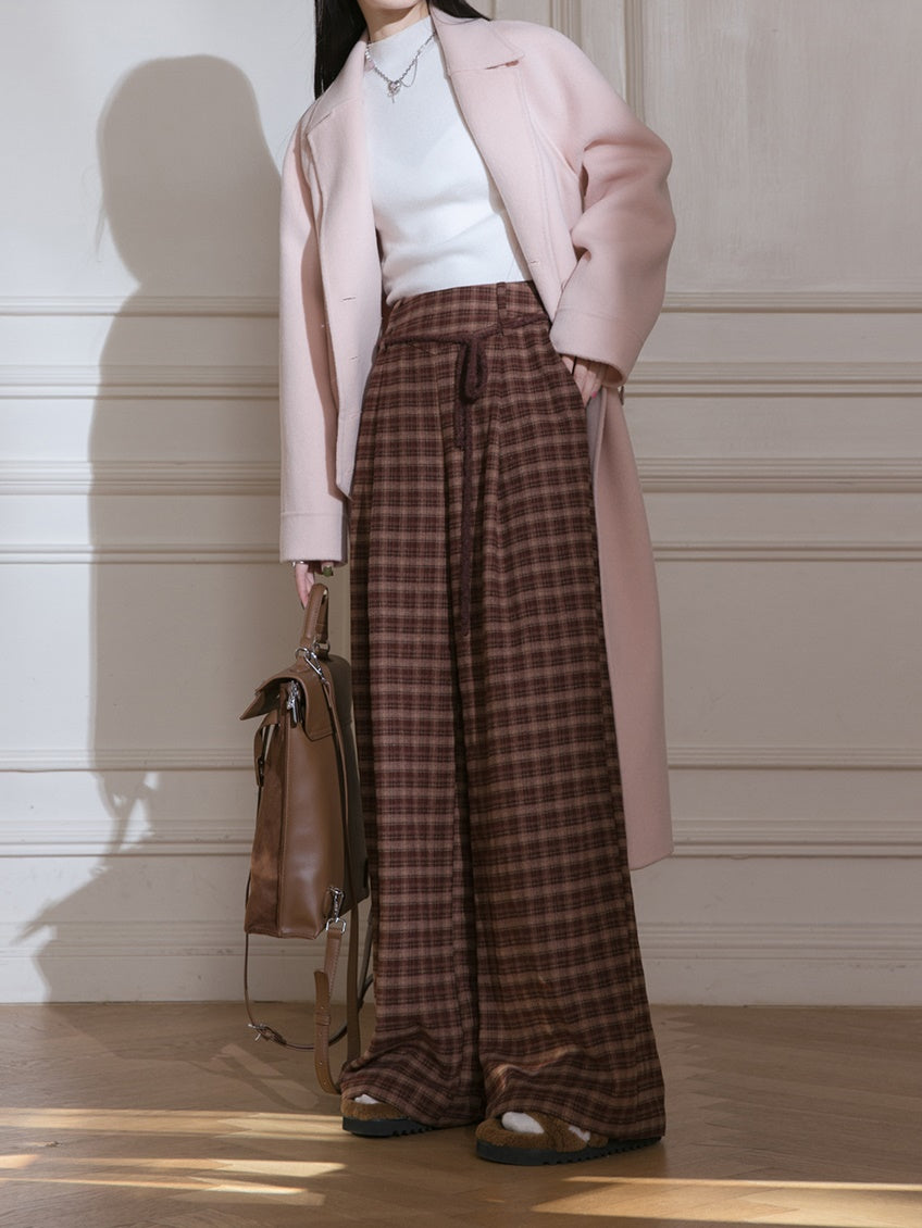 Brushed Plaid Wide Leg Pants