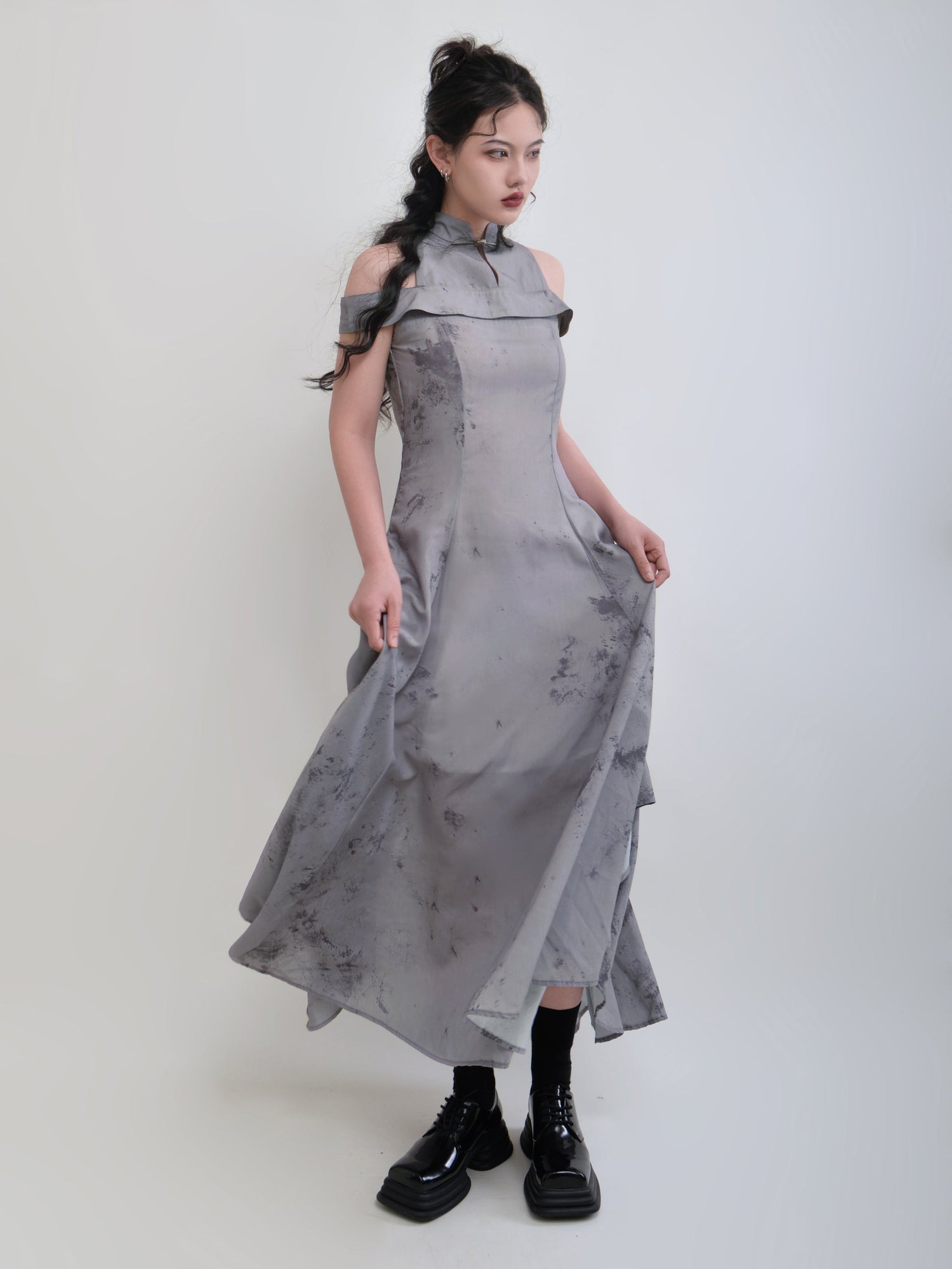 Mao Collar Ink Printing One-shoulder Dress