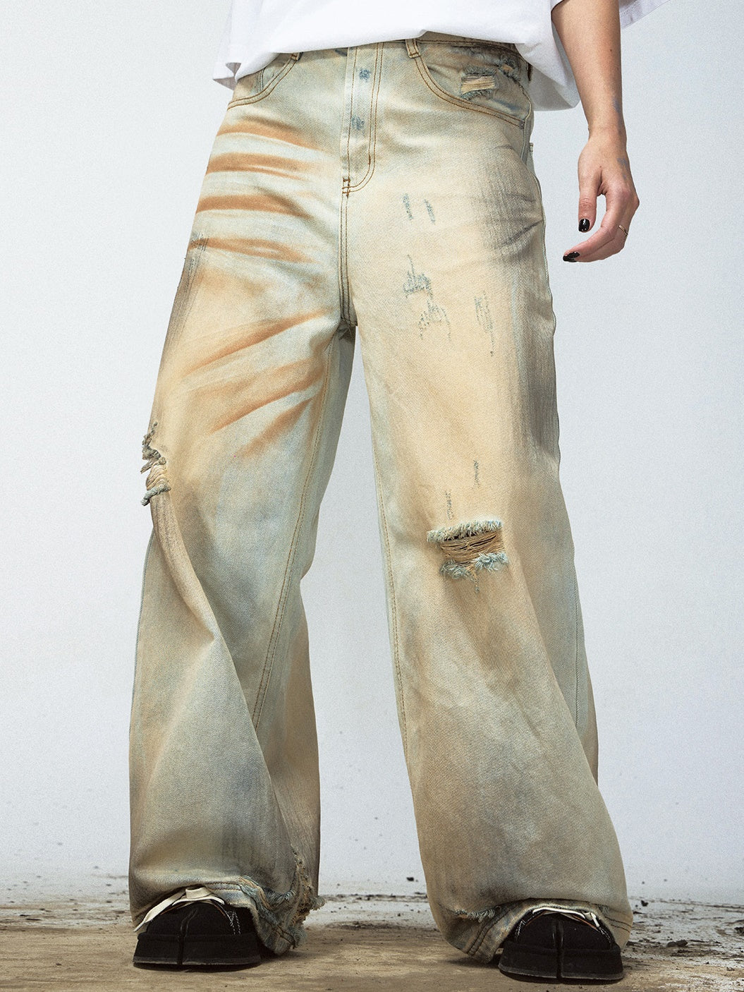 Yellow Mud-dyed Washed Distressed Straight Jeans