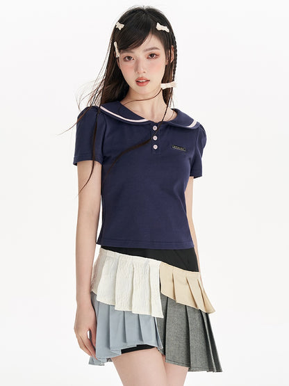 Navy Collar Puff Sleeve T-Shirt