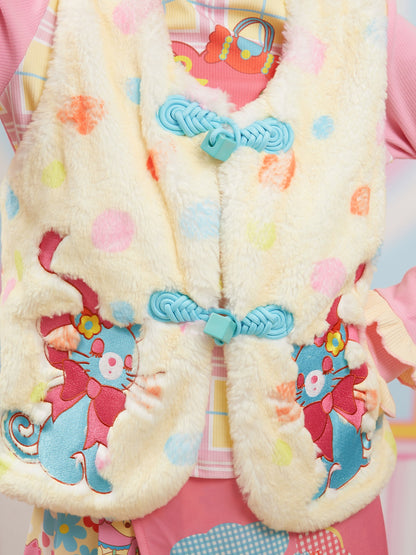 Cartoon Cat Embroidery Plush Vest