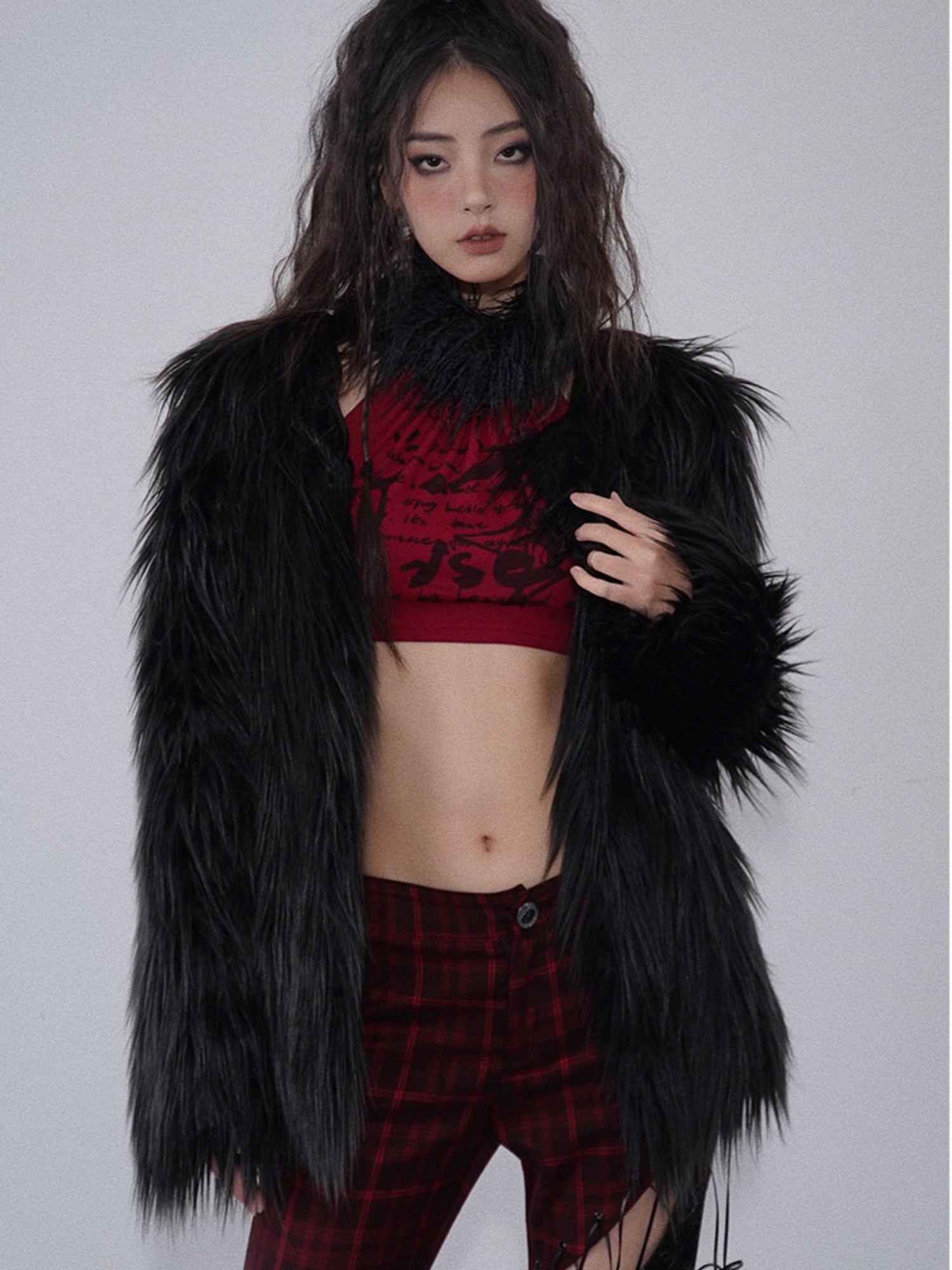 Imitation Fur One Button No-Collar Coat