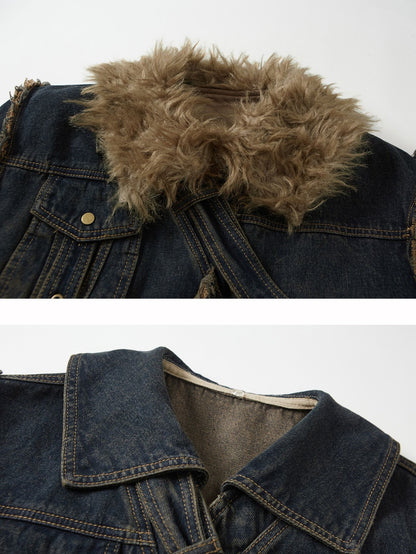 Fur Collar Washed Slant Design Strap Denim Jacket