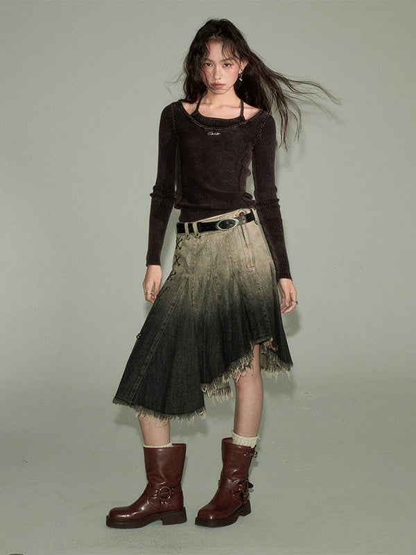 Gradient Bandage Irregular Hem Denim Skirt