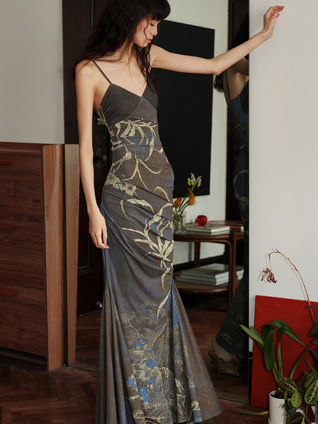 Printed Slim Long Sling Mermaid Dress